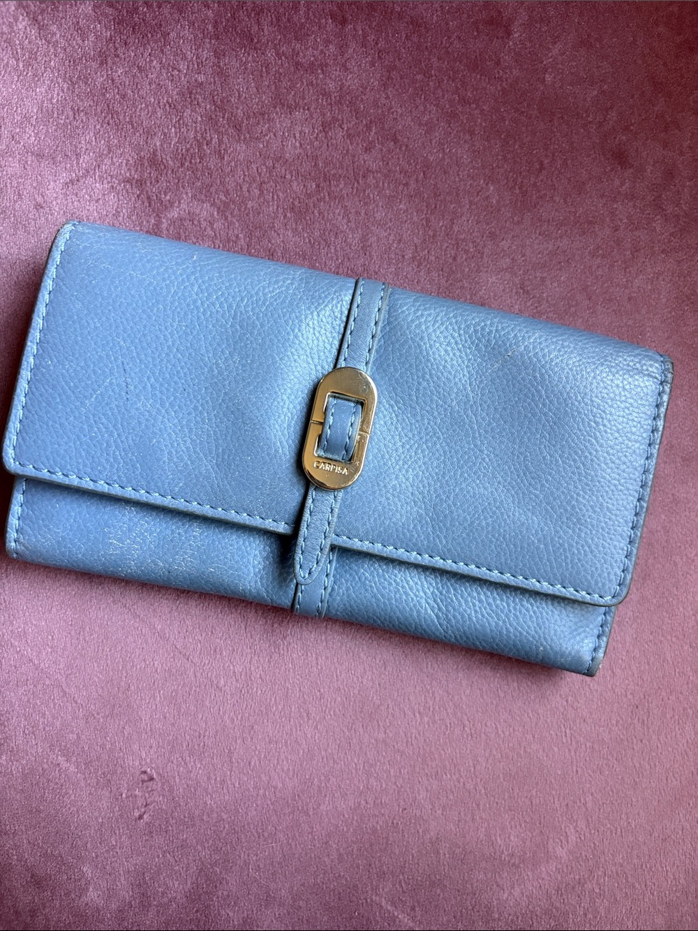 Classic Fold-Over Leather Wallet in Dusty Blue with Gold Accent